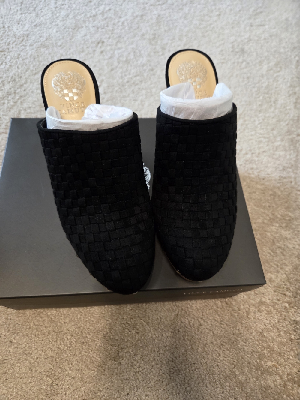 Vince Camuto Cindell Black Woven Suede Platform Clogs - Picture 4 of 6